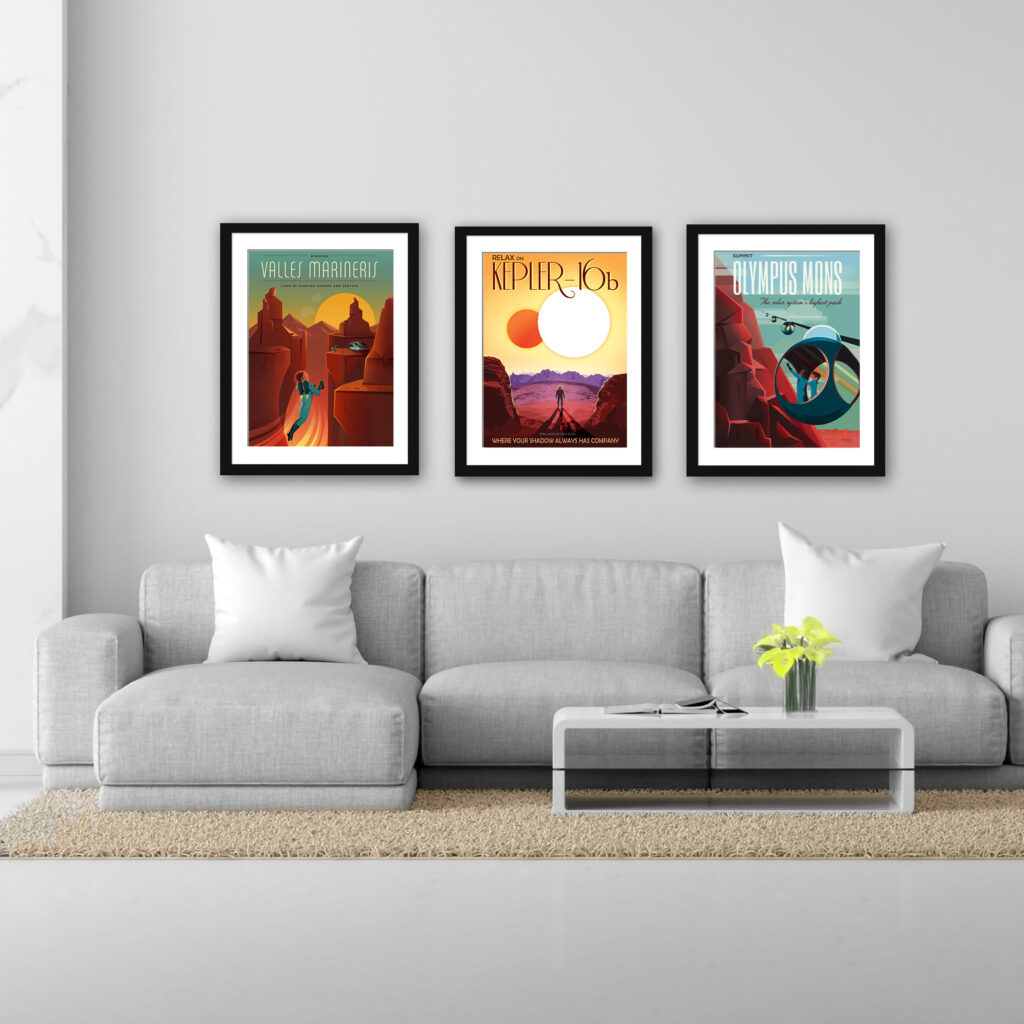 Collection of three NASA/JPL exoplanet travel posters depicting Kepler-16b, Valles Marineris, and Olympus Mons in a vintage style