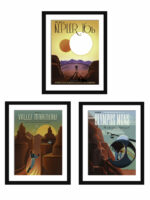 Collection of three NASA/JPL exoplanet travel posters depicting Kepler-16b, Valles Marineris, and Olympus Mons in a vintage style