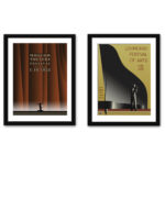 Restored vintage Russian theatre festival posters from the 1930s featuring vibrant artistic representations.
