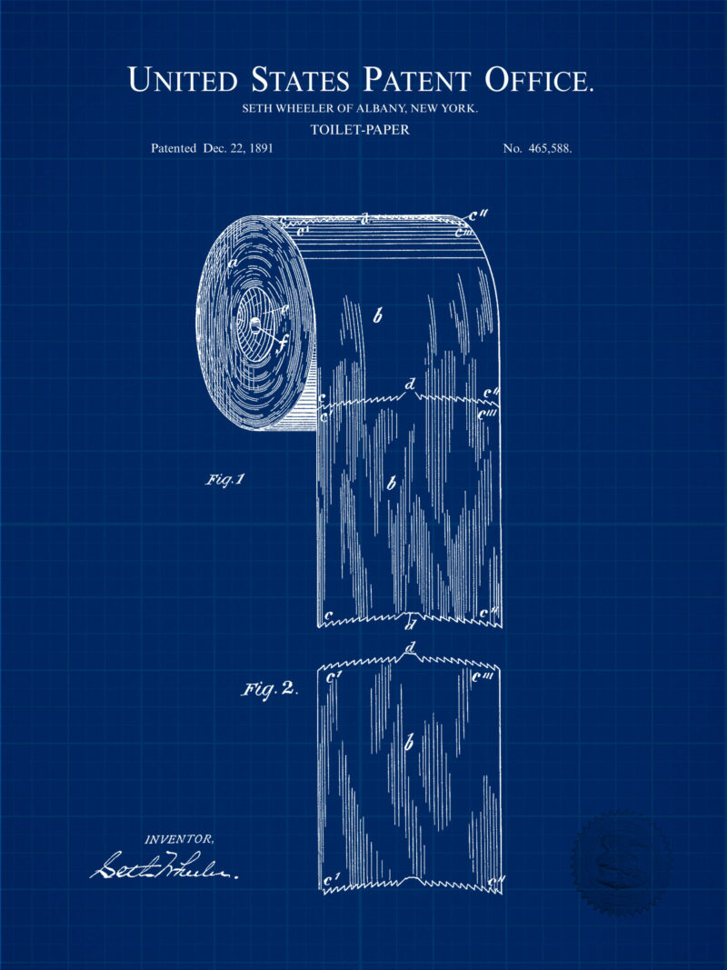 vintage 1891 toilet paper patent drawing featuring detailed design.