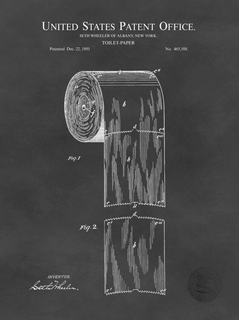 vintage 1891 toilet paper patent drawing featuring detailed design.