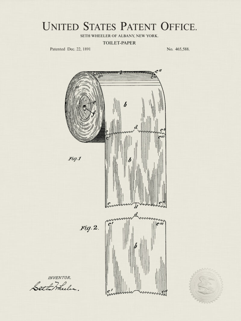 vintage 1891 toilet paper patent drawing featuring detailed design.