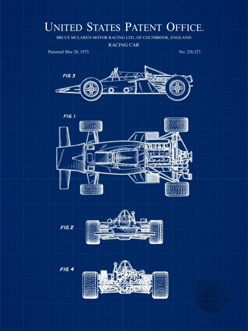 Detailed patent print of the 1973 McLaren F1 racing car