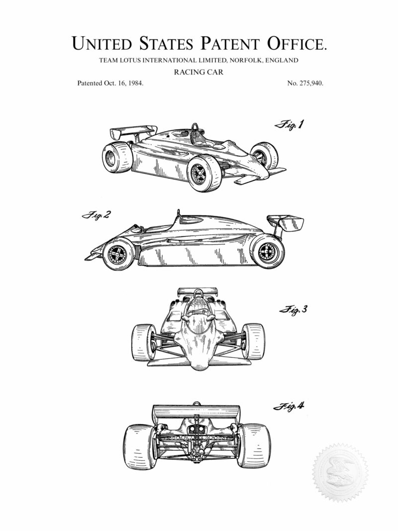 1984 Lotus F1 racing car patent illustration print.