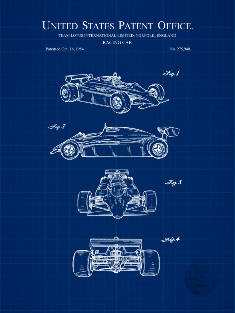 1984 Lotus F1 racing car patent illustration print.