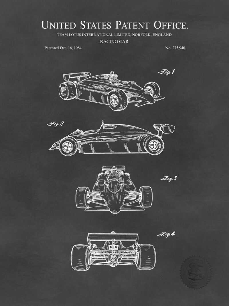 1984 Lotus F1 racing car patent illustration print.