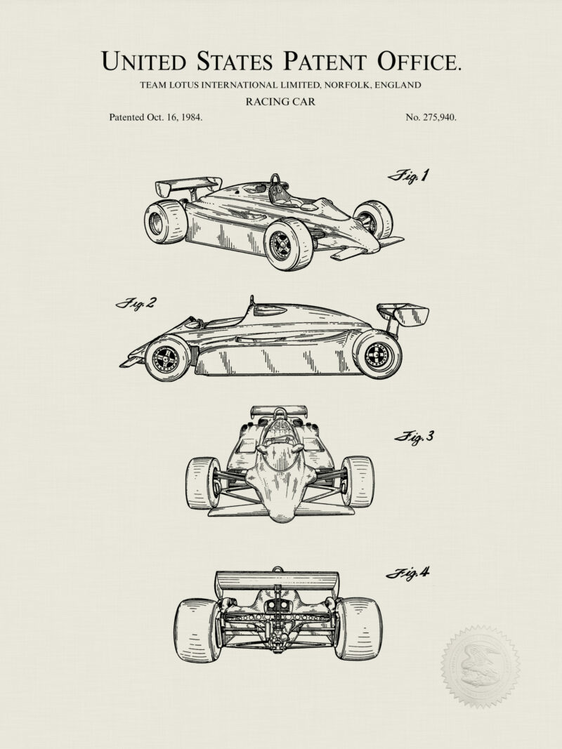 1984 Lotus F1 racing car patent illustration print.