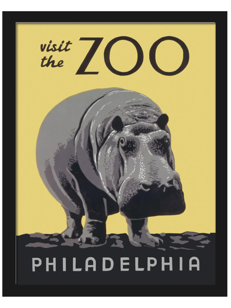 1930s vintage Philadelphia Zoo poster featuring a hippopotamus
