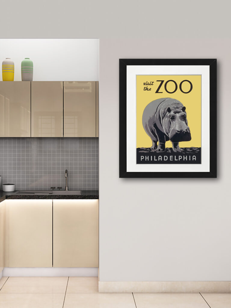 1930s vintage Philadelphia Zoo poster featuring a hippopotamus