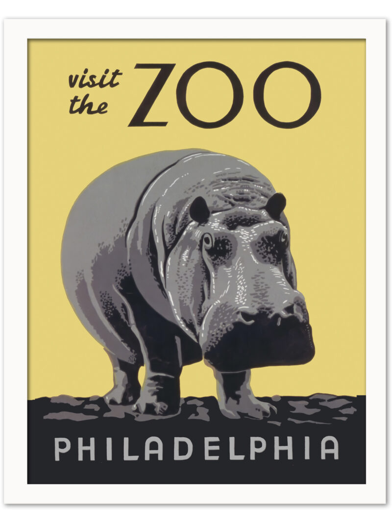 1930s vintage Philadelphia Zoo poster featuring a hippopotamus