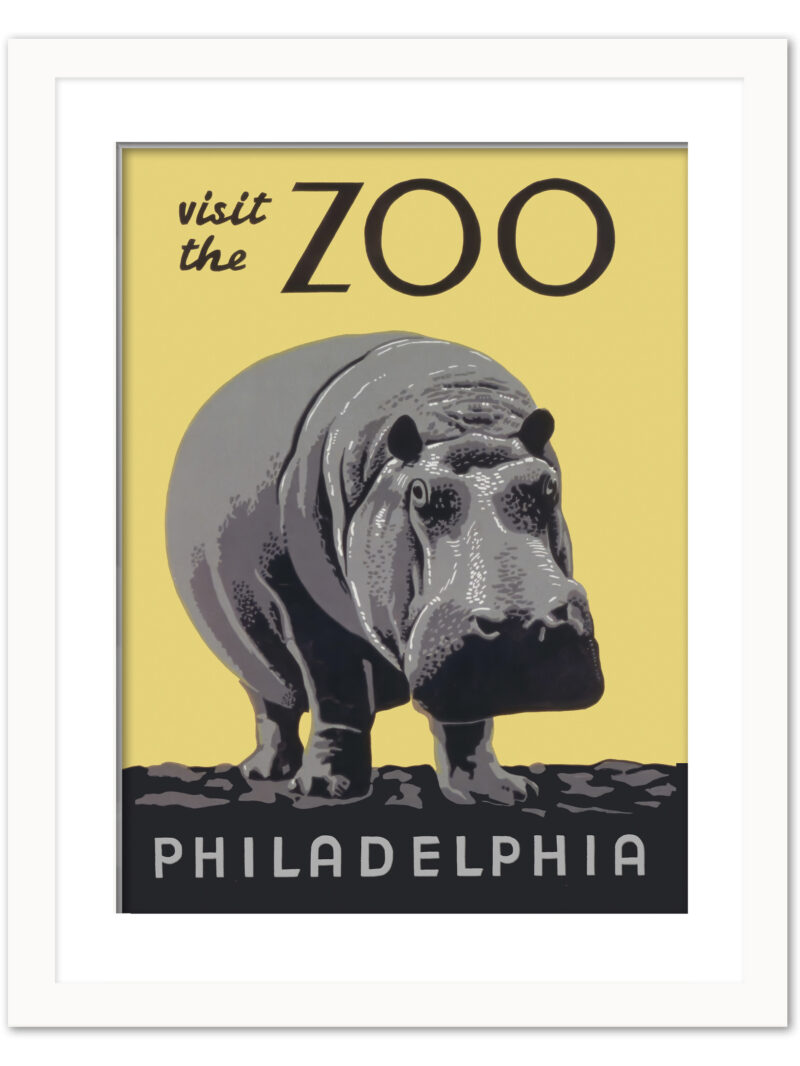 1930s vintage Philadelphia Zoo poster featuring a hippopotamus