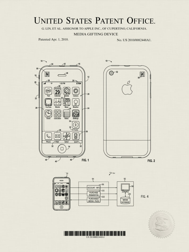 Set of three Apple patent illustrations for iPhone, iPad, and Apple Watch