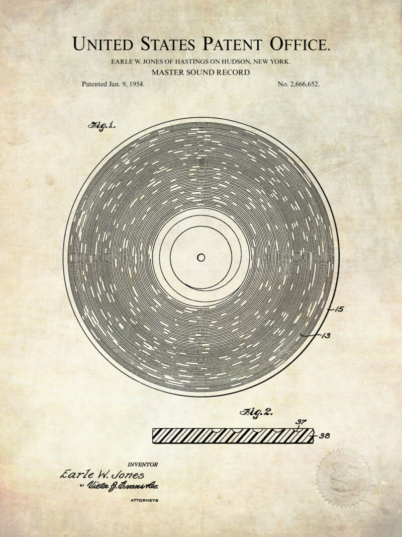 Vintage phonograph record patent illustrations set.