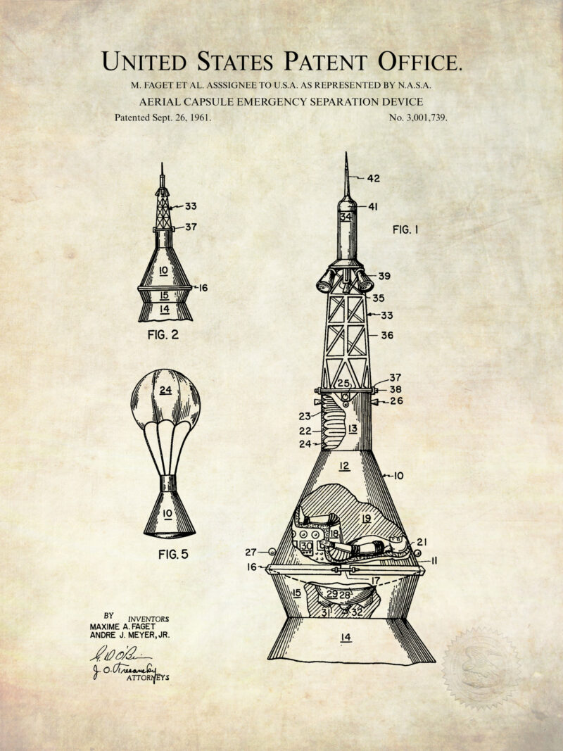 Collection of three NASA patent prints featuring space technology.