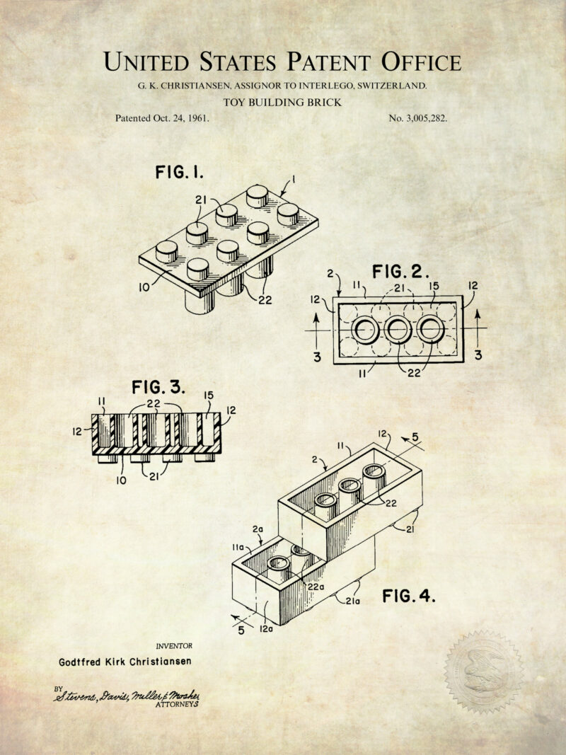 Collection of three vintage building blocks patent illustrations.