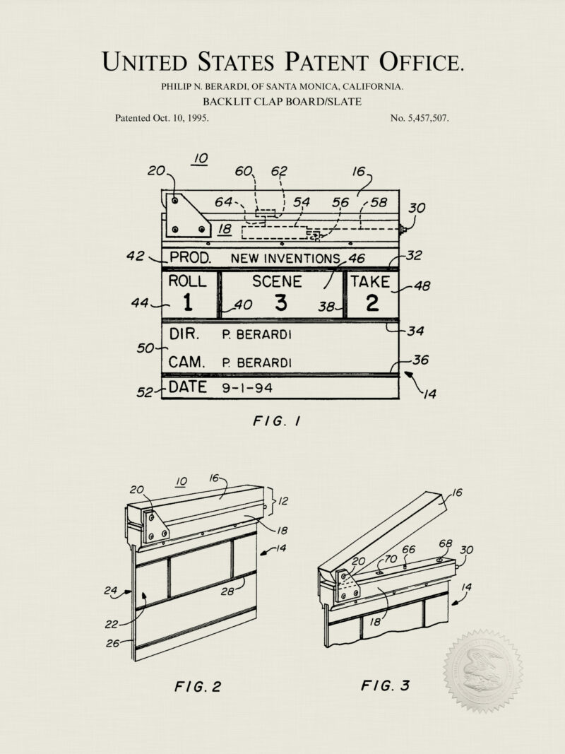 Set of three vintage cinema patent drawings, including a projector, camera, and clapboard.