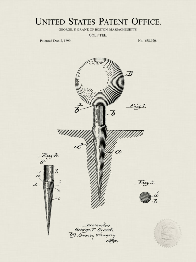 Vintage golf patent print of a 1899 Golf Tee