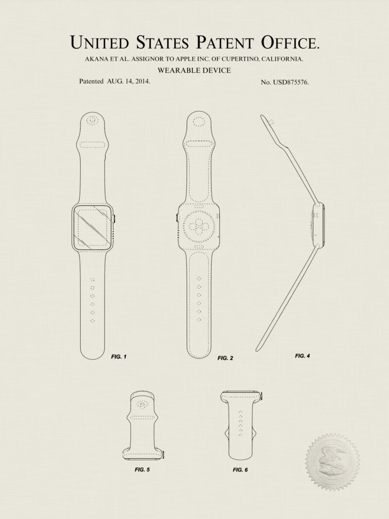 Set of three Apple patent illustrations for iPhone, iPad, and Apple Watch