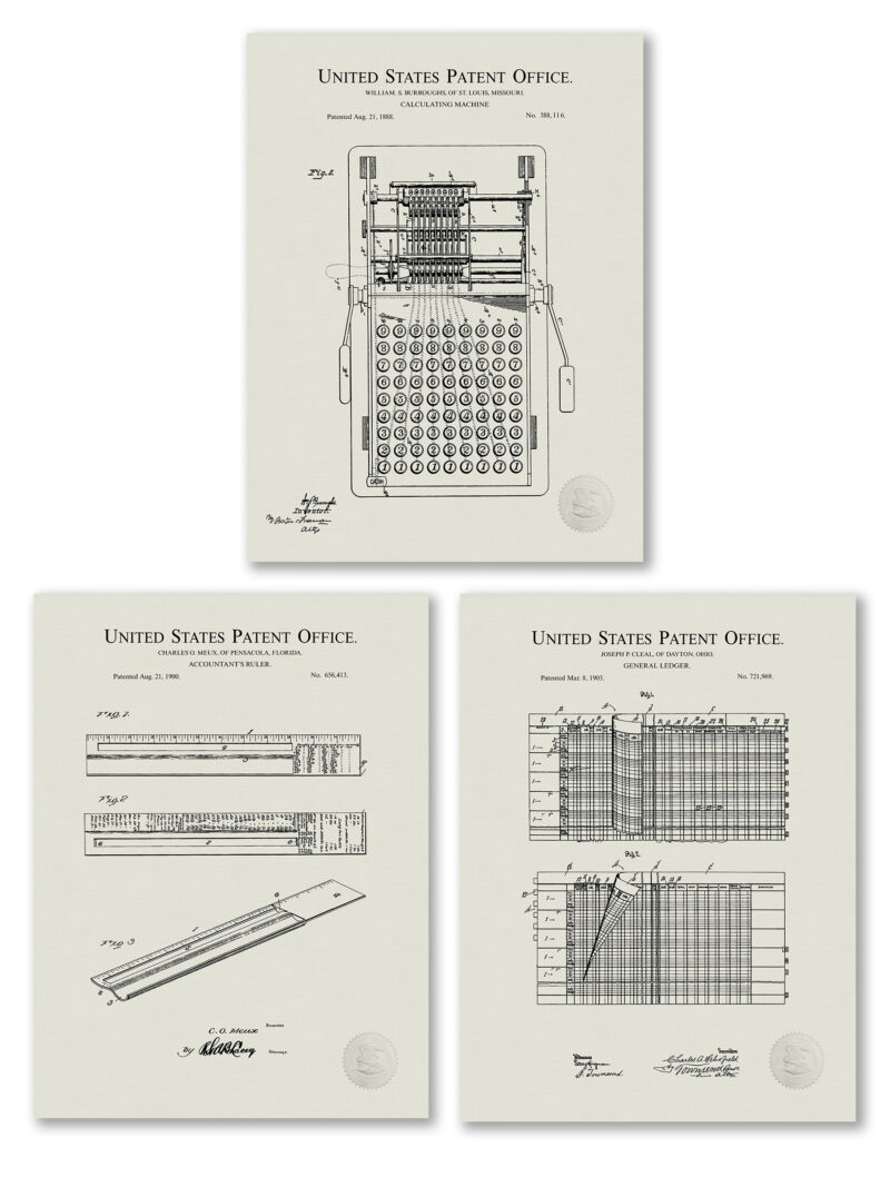 Set of three vintage accountant's tool patent illustrations.