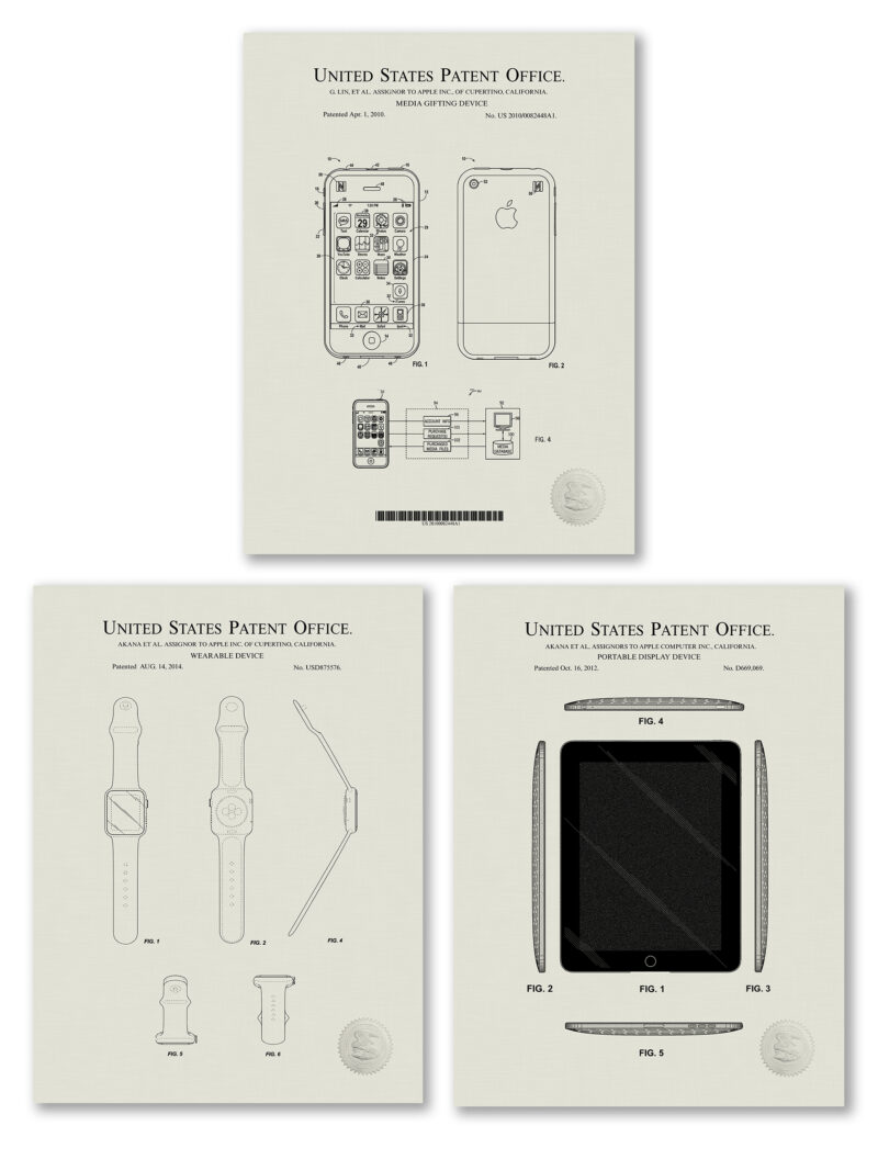 Set of three Apple patent illustrations for iPhone, iPad, and Apple Watch