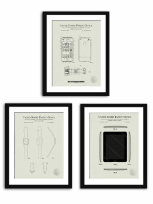 Set of three Apple patent illustrations for iPhone, iPad, and Apple Watch