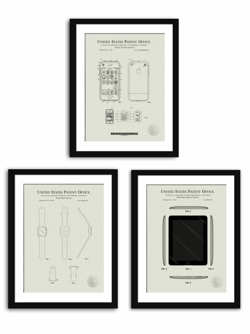 Set of three Apple patent illustrations for iPhone, iPad, and Apple Watch