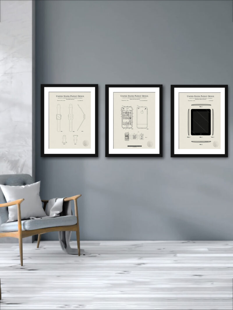 Set of three Apple patent illustrations for iPhone, iPad, and Apple Watch