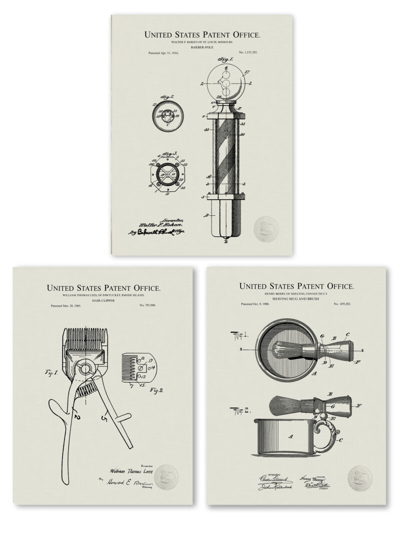 Vintage patent illustration of a barber's shaving mug and brush from 1900.