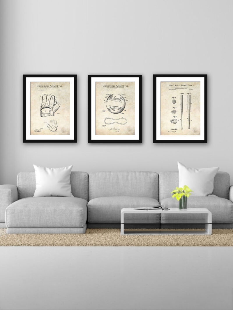 Vintage Baseball Patent Art featuring Glove, Ball, and Bat