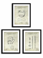 Vintage Baseball Patent Art featuring Glove, Ball, and Bat