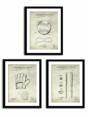 Vintage Baseball Patent Art featuring Glove, Ball, and Bat
