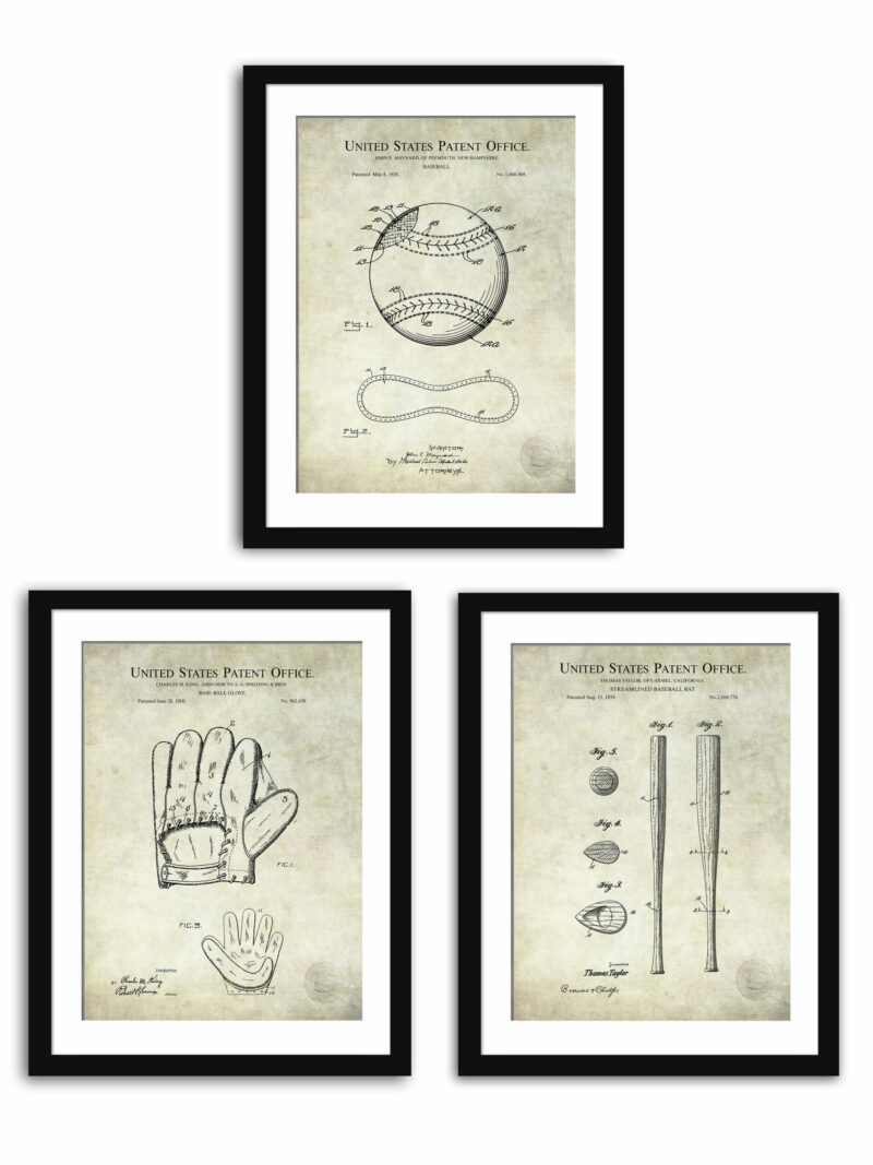 Vintage Baseball Patent Art featuring Glove, Ball, and Bat