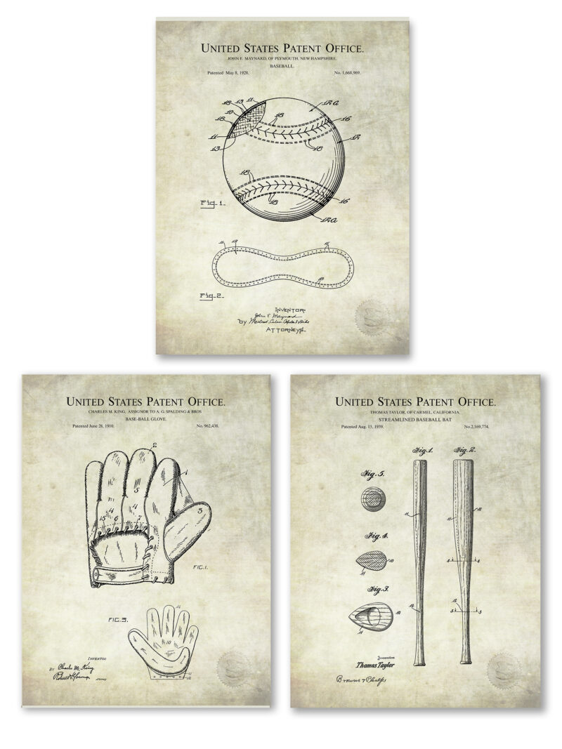 Vintage Baseball Patent Art featuring Glove, Ball, and Bat