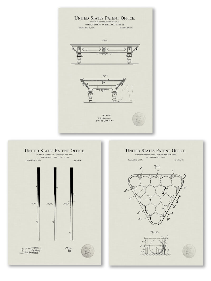 Collection of three vintage billiard equipment patent illustrations.