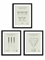 Collection of three vintage billiard equipment patent illustrations.