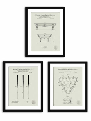 Collection of three vintage billiard equipment patent illustrations.