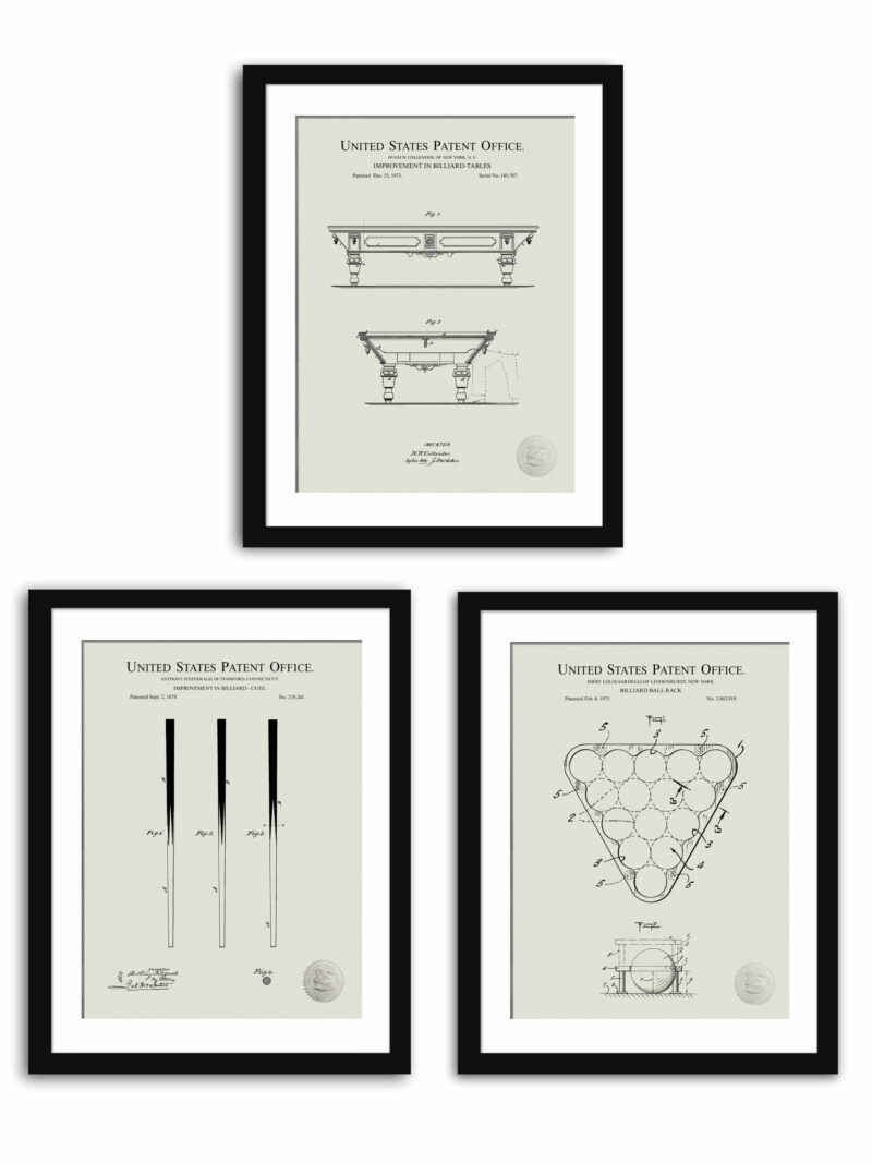 Collection of three vintage billiard equipment patent illustrations.