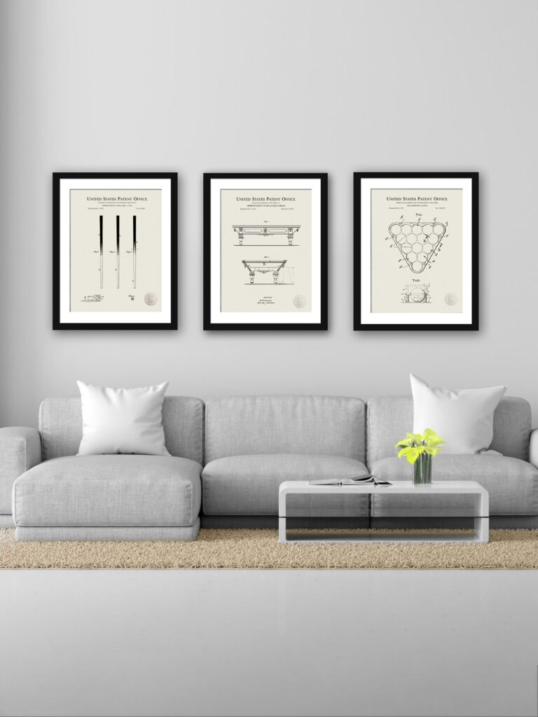 Collection of three vintage billiard equipment patent illustrations.
