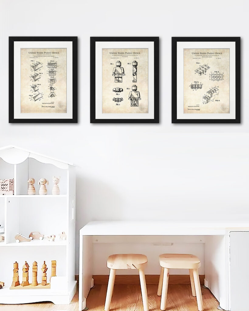 Collection of three vintage building blocks patent illustrations.