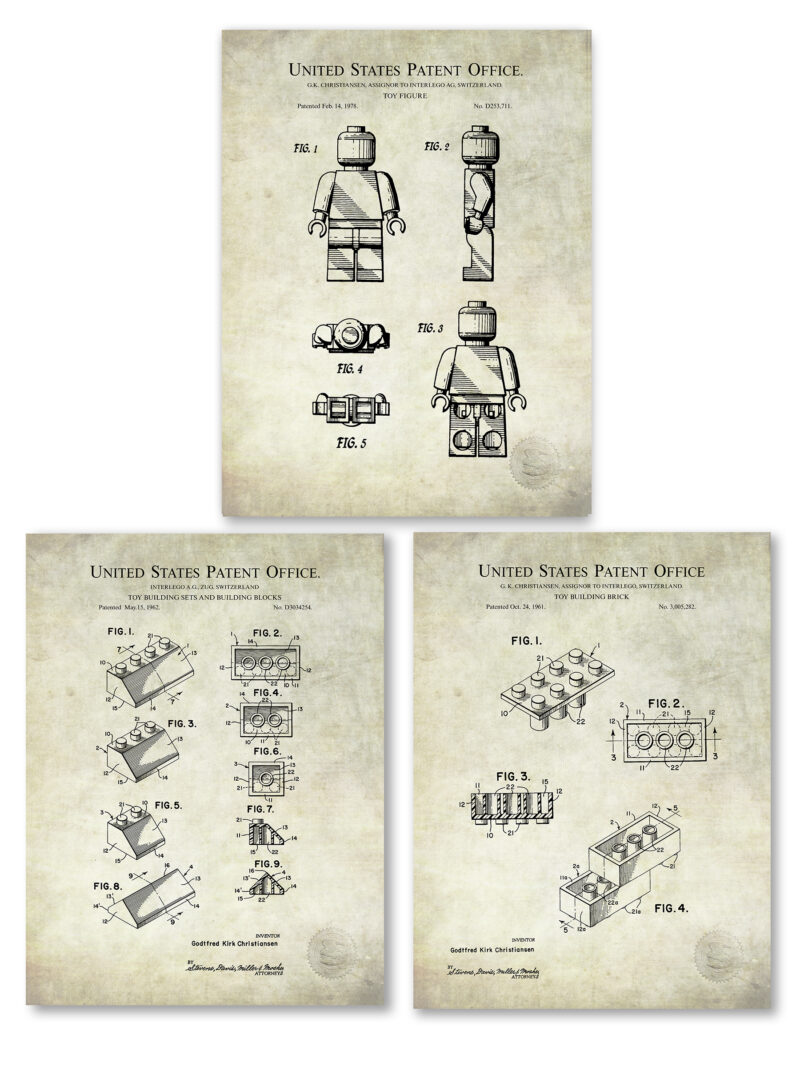 Collection of three vintage building blocks patent illustrations.