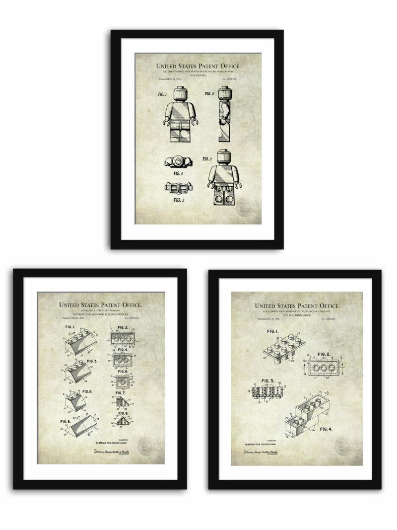 Collection of three vintage building blocks patent illustrations.
