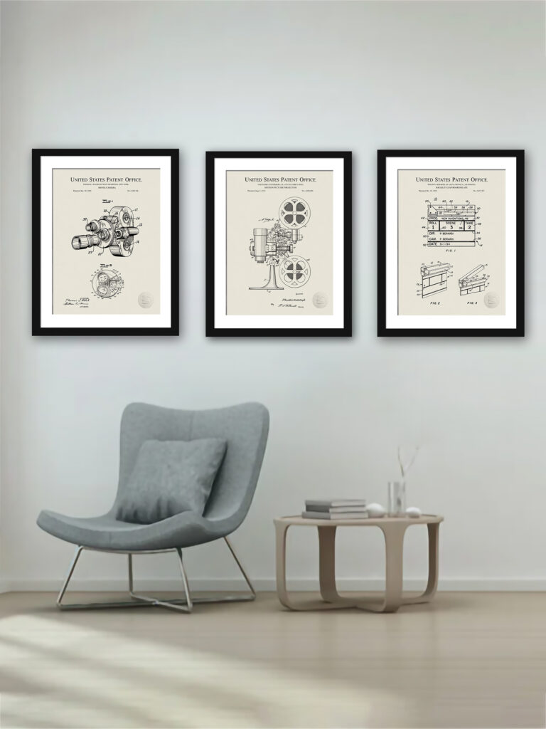 Set of three vintage cinema patent drawings, including a projector, camera, and clapboard.