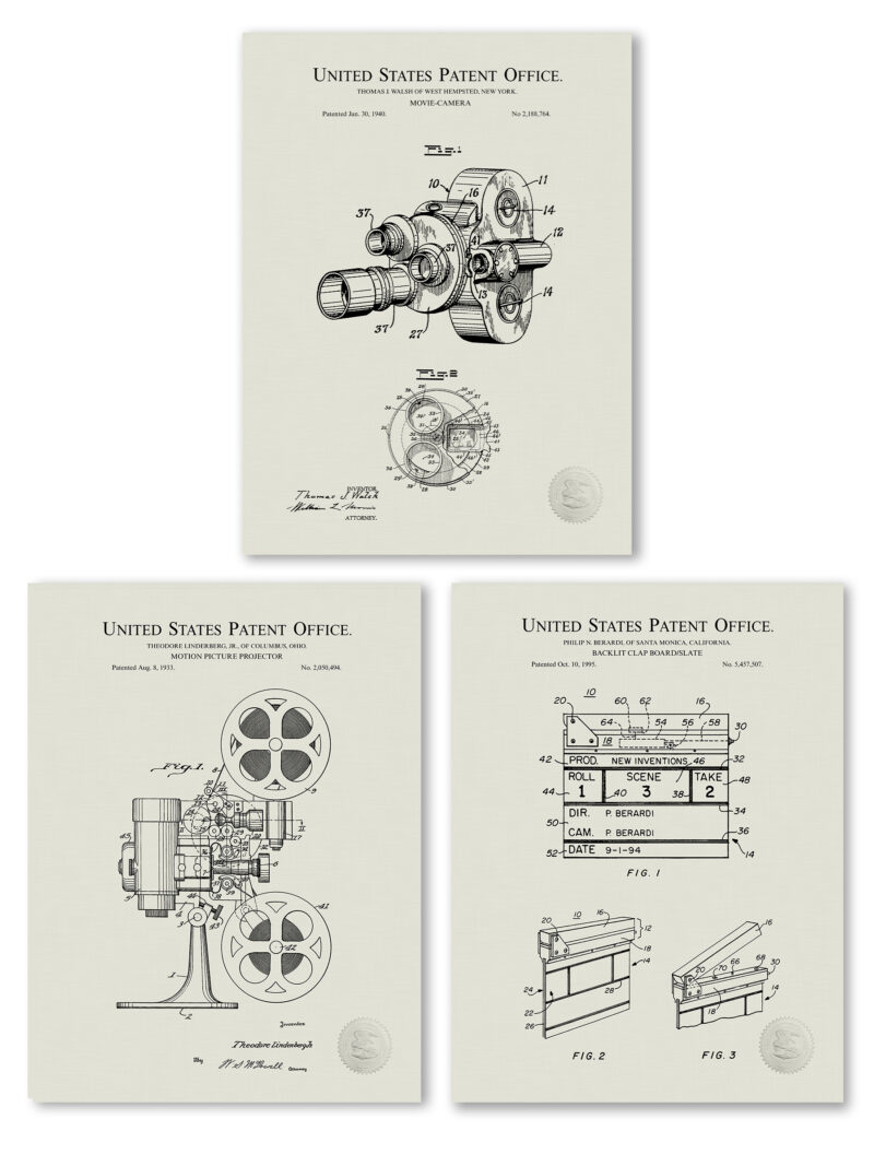 Set of three vintage cinema patent drawings, including a projector, camera, and clapboard.