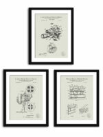 Set of three vintage cinema patent drawings, including a projector, camera, and clapboard.