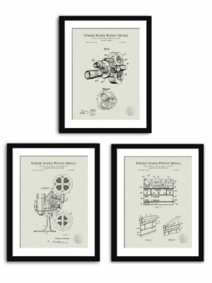 Set of three vintage cinema patent drawings, including a projector, camera, and clapboard.