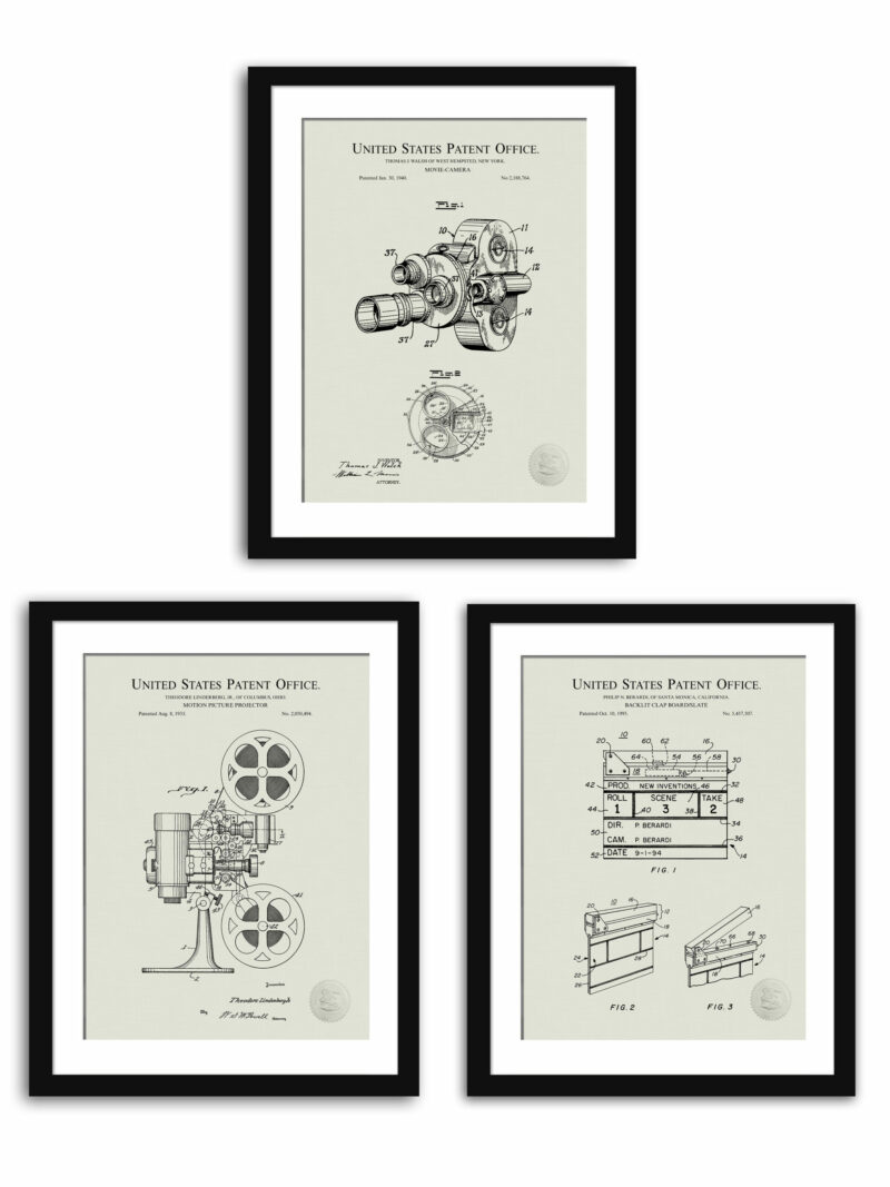 Set of three vintage cinema patent drawings, including a projector, camera, and clapboard.