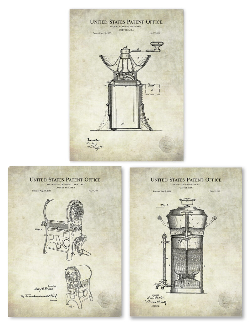 Set of three vintage coffee patent illustrations, including a coffee mill, coffee urn, and coffee roaster.