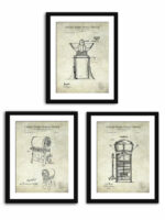 Set of three vintage coffee patent illustrations, including a coffee mill, coffee urn, and coffee roaster.