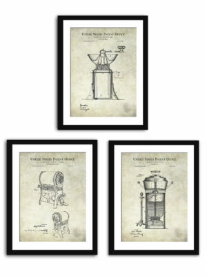 Set of three vintage coffee patent illustrations, including a coffee mill, coffee urn, and coffee roaster.