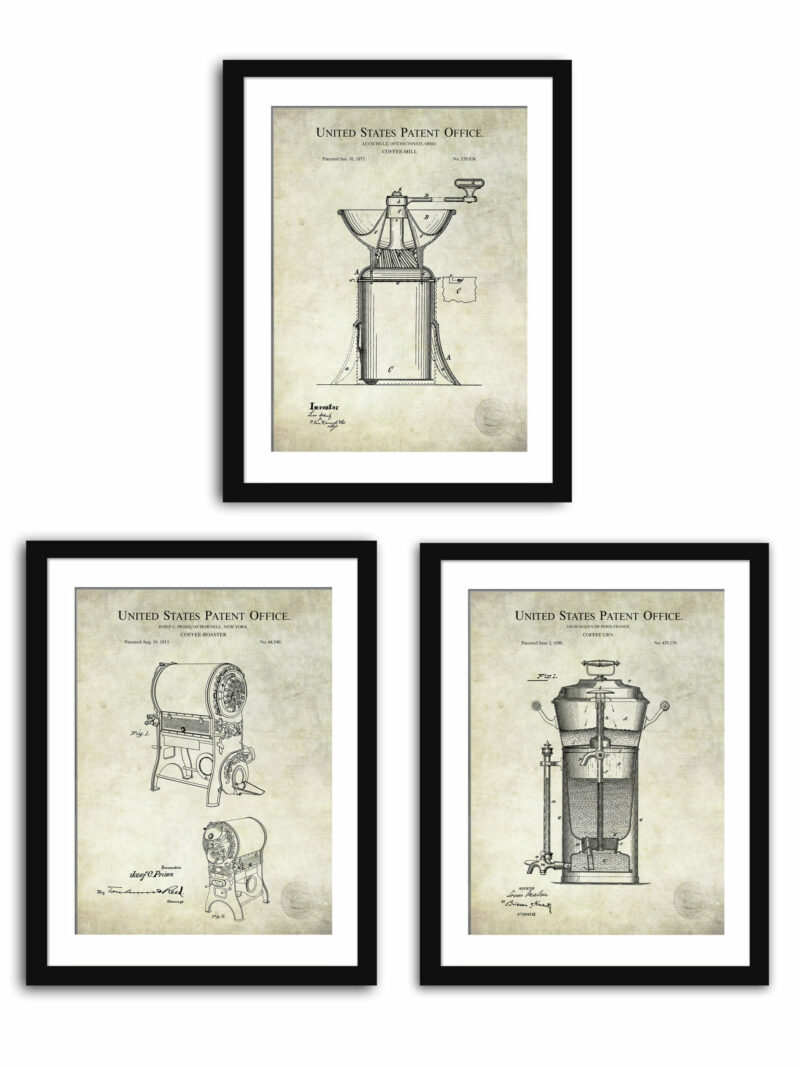 Set of three vintage coffee patent illustrations, including a coffee mill, coffee urn, and coffee roaster.